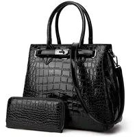 T5056 2 in 1 Crocodile Pattern Patent Leather Diagonal Handbags Large-Capacity Single-Shoulder BagBlack