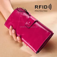 Tp-192  First Layer Of Cowhide Long Type Oil Wax Leather Ladies Clutch Retro Wallet Rfid Anti-Theft WalletRose Red