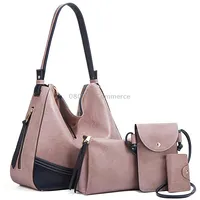 21506 4 in 1 Simple Color-Block Diagonal Handbags Fashion Large Capacity Soft Leather BagsPink
