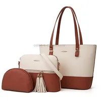 3 in 1 Fashion Simple Lady Diagonal Large Capacity Handbag Letter BagWhite  Brown