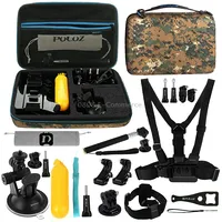 Puluz 20 in 1 Accessories Combo Kit with Camouflage Eva Case Chest Strap  Head Suction Cup Mount 3-Way Pivot Arm J-Hook Buckles Extendable Monopod Tripod Adapter Bobber Hand Grip Storage Bag Wrench for Gopro Hero11 Black / Hero10 Hero9 Hero8