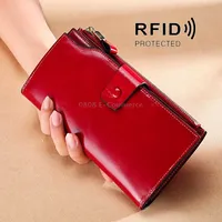 Tp-192  First Layer Of Cowhide Long Type Oil Wax Leather Ladies Clutch Retro Wallet Rfid Anti-Theft WalletWine Red