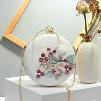 Oms-107 Flower and Pearls Embellished Handbag Metal Buckle Chain Shoulder BagWhite