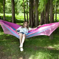 Portable Outdoor Camping Full-Automatic Nylon Parachute Hammock with Mosquito Nets, Size  250 x 120Cm Pink Blue