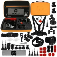 Puluz 45 in 1 Accessories Ultimate Combo Kits with Orange Eva Case Chest Strap  Suction Cup Mount 3-Way Pivot Arms J-Hook Buckle Wrist Helmet Surface Mounts Tripod Adapter Storage Bag Handlebar Wrench for Gopro Hero11 Black / Hero10 Hero9 Bla