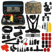 Puluz 53 in 1 Accessories Total Ultimate Combo Kits with Camouflage Eva Case Chest Strap  Suction Cup Mount 3-Way Pivot Arms J-Hook Buckle Wrist Helmet Extendable Monopod Surface Mounts Tripod Adapters Storage Bag Handlebar for Gopro Hero11 Black / Hero10