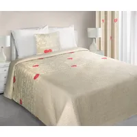 Dekoratīvais gultas pārklājs 170X210 Selin, bēšs, sirsniņas, sarkani uzraksti 1167997