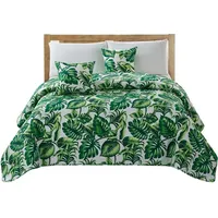 Dekoratīvs gultas pārklājs 160X220 balts zaļš monstera palmu lapas stepēts Palms 2333680