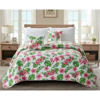 Dekoratīvs gultas pārklājs 160X220 monstera palmu lapas ziedi balti zaļi rozā Monstera 5100418