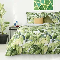 Satīna gultas veļa 220X200 Monstera palmu lapas baltas zaļas zilas eksotisku augu kastes Nova drukas dāvana 1173989