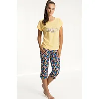 Sieviešu pidžama 616, dzeltens L, krāsainas lapas, īsās piedurknes, 3/4 kokvilnas bikses 2332410