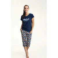 Sieviešu pidžama 616, tumši zila, 3Xl, krāsainas lapas, īsās piedurknes, 3/4 kokvilnas bikses 2332401
