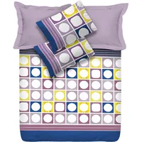 Kokvilnas gultas veļa 160 X 200 925 N apļi un kvadrāti tumši zils-violets-dzeltens jauns 970160