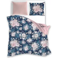 Kokvilnas gultasveļa 160X200 Fashion 004 Ziedi rozes tumši zils pulveris rozā abpusējs 5396 1520819