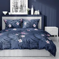 Satīna gultasveļa 160X200 3641 Tumši zila rozā palmu lapu ziedi Paradīzes putns Strelicia Home Satin 3 2301030