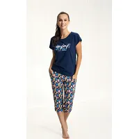 Sieviešu pidžama 616, tumši zila, Xl, krāsainas lapas, īsās piedurknes, 3/4 kokvilnas bikses 2332399