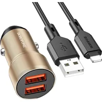 Borofone Car charger Bz19 Wisdom - 2Xusb 12W with Usb to Lightning cable gold Ład001569