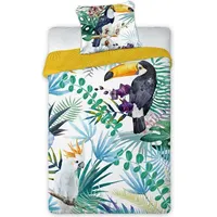 Kokvilnas gultasveļa 160X200 Tukāni papagaiļi putni palmu lapas monsteras sinepes eksotisks tropisks 001 7233 1520722