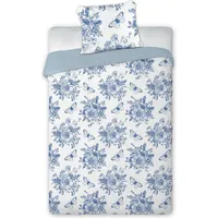 Satīna gultasveļa 220X200 ziedi tauriņi balti zila Roze 019 abpusēja 1520703