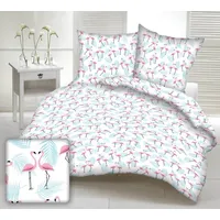 Kokvilnas gultasveļa 140X200 1657E balti flamingo rozā zilas palmu lapas 1944648