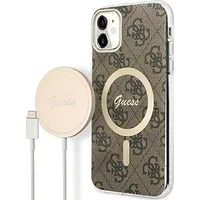 Zestaw Guess Gubpn61H4Eacsw CaseCharger iPhone 11 6,1 brązowy brown hard case 4G Print Magsafe