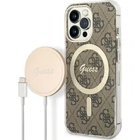 Zestaw Guess Gubpp13Lh4Eacsw Case Charger iPhone 13 Pro brązowy brown hard case 4G Print Magsafe