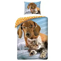 Kokvilnas gultasveļa 140X200 Dog Cat 6145 Taksis ar brillēm kaķēnu džemperis Kaķu un suņu draugu spilvendrāna 70X90 154463
