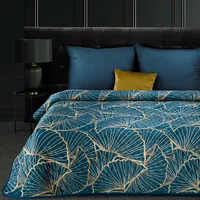 Dekoratīvais gultas pārklājs 170X210 Musa 3 tumši zila zelta velūra ginkgo lapas Limited Collection 391978