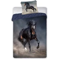 Kokvilnas gultas veļa 140X200 zirgu tornado melns tumši zils Horses 004 jauniešu spilvendrāna 70X90 2331647