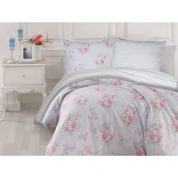 Kokvilnas gultas veļa 160X200 Karen sarkanas rozes svītras zili rozā abpusēji Exclusive Premium 1273112