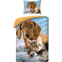Kokvilnas gultasveļa 140X200 Dog Cat 6145 Taksis ar brillēm kaķēnu džemperis Kaķu un suņu draugu spilvendrāna 70X90 154463