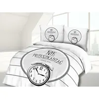 Kokvilnas gultas veļa 220X200 Mēs tikai guļam netraucējiet modinātājs pulkstenis balts pelēks 61441/1 Vintage 1273006