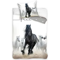 Kokvilnas gultasveļa 140X200 Zirgi galopā 0218 balts pelēks melns jauniešu zirgs ponijs spilvendrāna 70X90 2300709