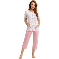 Sieviešu pidžama 476 rozā balti ziedi izmērs Xl īsām piedurknēm 3/4 bikses 1352492