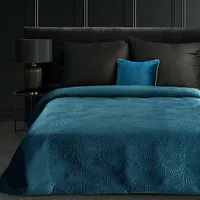 Dekoratīvais gultas pārklājs 280X260 Musa 5 tumši zils velūra ginkgo lapas Limited Collection 392538