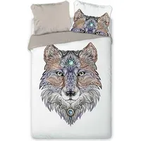 Kokvilnas gultas veļa 160X200 Wolf grafiskais zīmējums balts bēšs Wild Nautre 005 abpusējs 1520510
