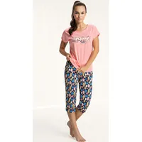 Sieviešu pidžama 616, rozā L, krāsainas lapas, īsās piedurknes, 3/4 kokvilnas bikses 2332404