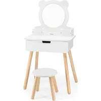 Viga Liels, balts koka tualetes galdiņš ar spoguli un krēslu 44711