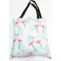 Kokvilnas iepirkumu maisiņš 37X38 1659E balti flamingo rozā palmu lapas piparmētra 1944635