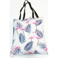 Kokvilnas iepirkumu maisiņš 37X38 1658E balts flamingo rozā palmu lapas tumši zilas 1944617
