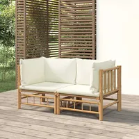 dārza stūra dīvāni ar krēmbaltiem matračiem, 2 gab., bambuss