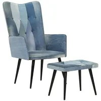 atpūtas krēsls ar kājsoliņu, zila džinsa tekstilmozaīkas audums