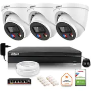 Dahua Tioc 8Mpx 4K Ip novērošanas komplekts, 3 kameras Ipc-Hdw3849H-As-Pv-0280B-S5, ierakstītājs ar disku nepārtrauktai darbībai