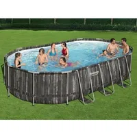 Bestway Power Steel Frame Pool Set, 610 cm x 366 122 cm, swimming pool Dark brown/blue, wood decor, with filter pump  5611R 6942138983593