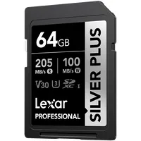 Lexar Sdxc Professional Silver Plus Uhs-I/U3/A2/4K R205/W100 V30 64Gb  Atmiņas karte
