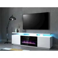 Cama Meble Rtv Eva cabinet with electric fireplace 180X40X52 cm white/gloss white EvaKom Bi/Bi Tv galdiņš