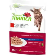 Natural Trainer Cat Beef 85G - pilnvērtīga barība pieaugušiem kaķiem, konservi gabaliņi želējā ar liellopu gaļu, vistas gaļu un dzērveņu lapu ekstraktu. 967543