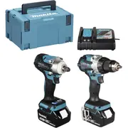 Makita Dlx2533Tj bezvada instrumentu komplekts Ddf489Z  Dtw300Z urbjmašīna/skrūvgriezis sitiena uzgriežņu atslēga 18 V 73 Nm/330 Nm bezsuku dzinēji 2 5.0 Ah akumulatori lādētājs Makpac korpuss Zils/Melns