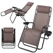  Dārza Pludmales Guļamkrēsls Atpūtas Saliekams Krēsls ar Galvas Balstu un Paliktni, Brūns... Garden lounger beach chair folding gravity zero
