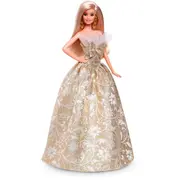 Bārbija Mattela paraksta brīvdienas 2025 lelle kolekcionāra zeltainā kleitā Jbh95 Lalka Barbie Mattel Signature Holiday kolekcjonerska sukni